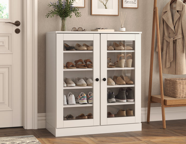100% Solid Wood Glass Door Shoe Storage Cabinet with Adjustable Shelves, Space Saving Stackable Entryway Organizer, 32" W x 35.75" H