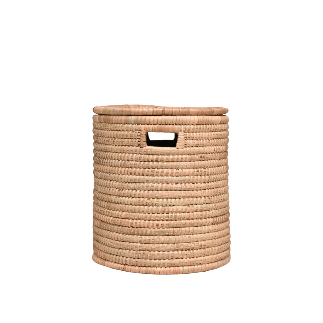 100% Handwoven Natural Rattan 15" Round Basket with Lid & Handles, Boho Farmhouse Decorative Laundry & Storage Organizer, Handcrafted – Authentic African Craftsmanship, Baskets - Palace Imports