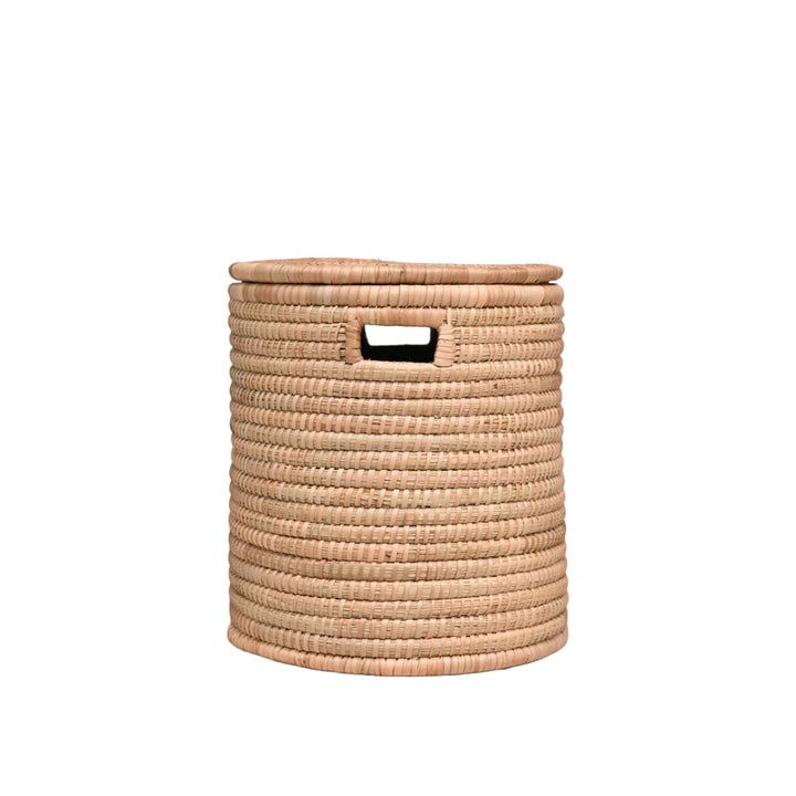 100% Handwoven Natural Rattan 15" Round Basket with Lid & Handles, Boho Farmhouse Decorative Laundry & Storage Organizer, Handcrafted – Authentic African Craftsmanship, Baskets - Palace Imports