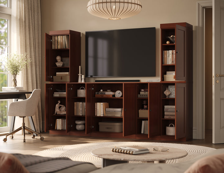 100% Solid Wood 7-Piece Entertainment Center Wall Unit with Storage, Shaker Doors, Adjustable Shelves, 98" W x 71.5" H