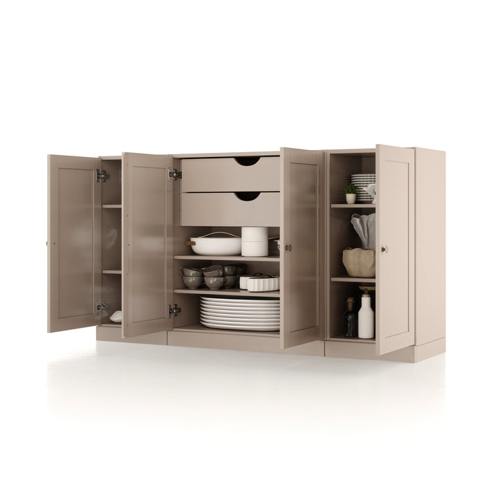 100% Solid Brazilian Pine Wood Sideboard, Shaker Doors, 2 Drawers, Adjustable Shelves, 65" Wide, 35.75" Tall