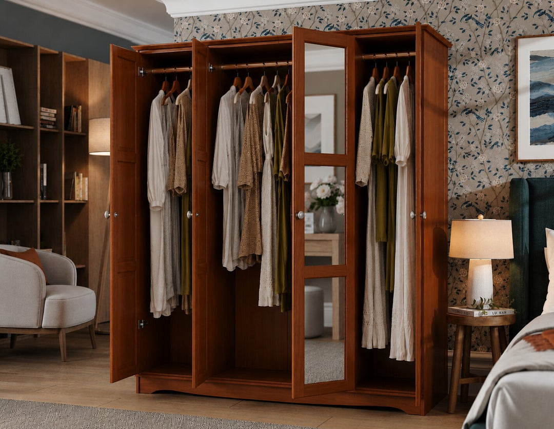 100% Solid Wood 4-Door Wardrobe Armoire with Mirrored Doors, Bedroom Closet Storage - Regal Collection with Metal Knobs