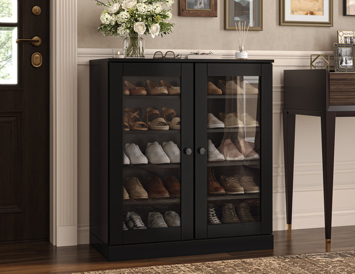 100% Solid Wood Glass Door Shoe Storage Cabinet with Adjustable Shelves, Space Saving Stackable Entryway Organizer, 32" W x 35.75" H
