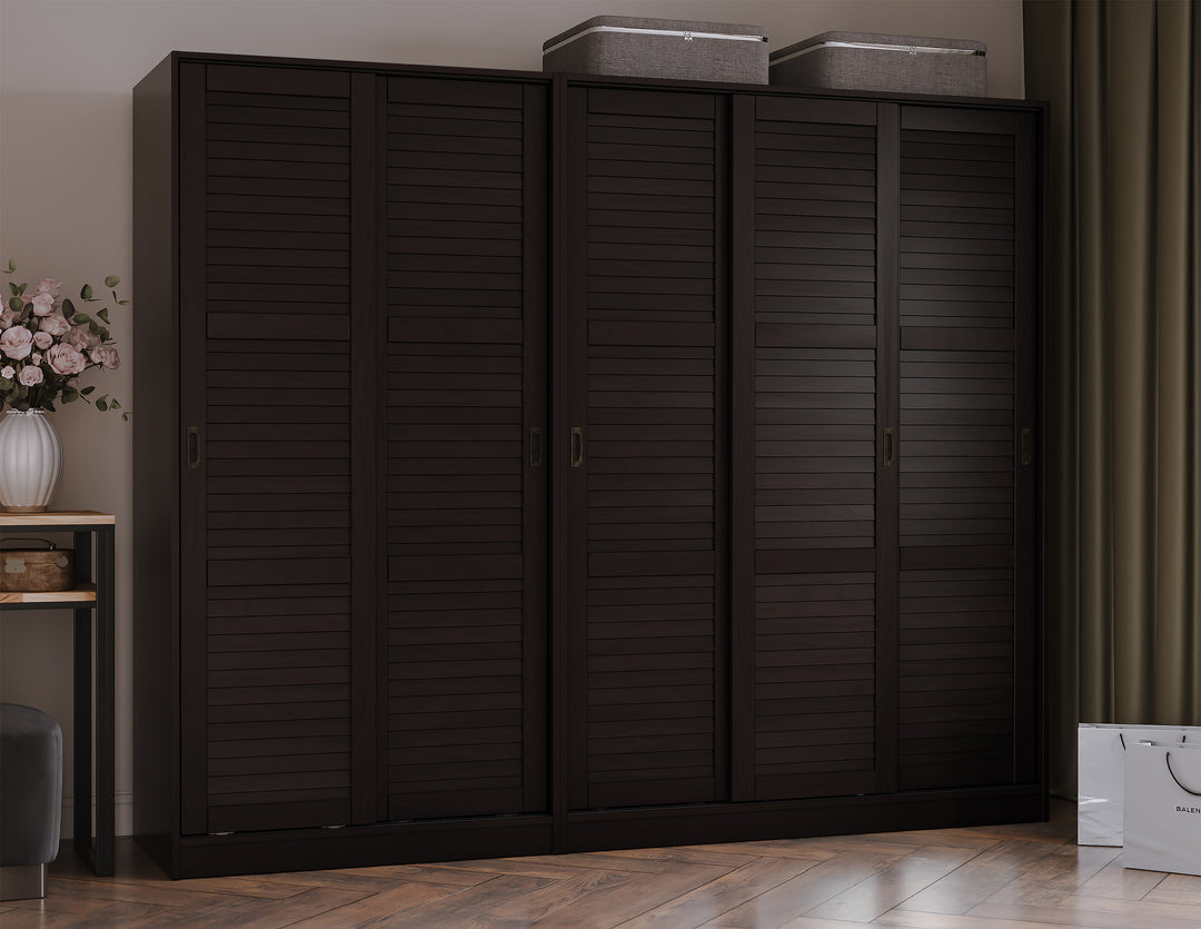 100% Solid Brazilian Pine Wood 5-Sliding Wardrobe with Louvered Doors, 70-110” Wardrobes - Palace Imports