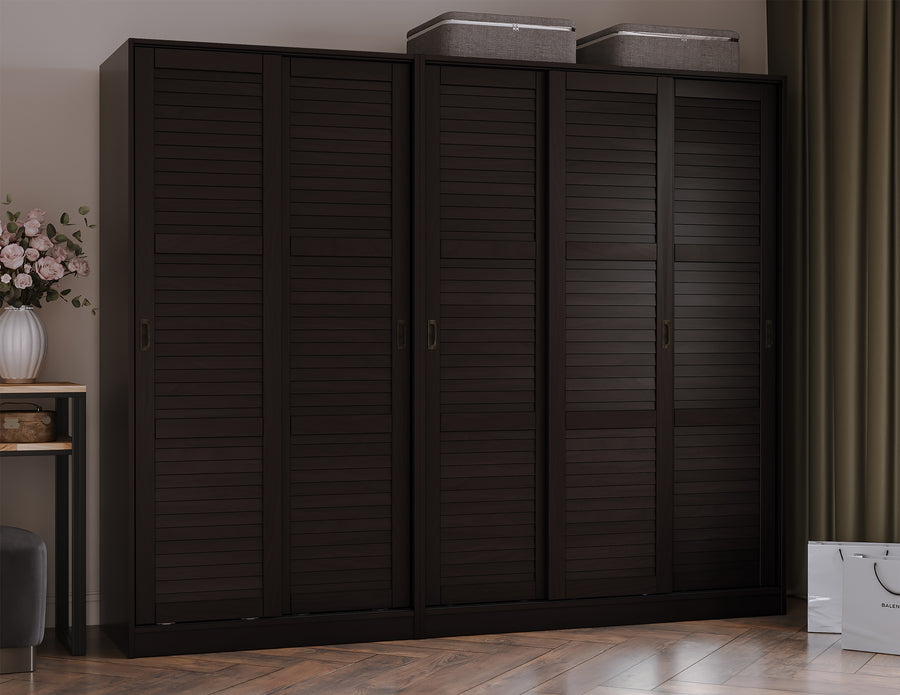 100% Solid Brazilian Pine Wood 5-Sliding Wardrobe with Louvered Doors, 70-110” Wardrobes - Palace Imports