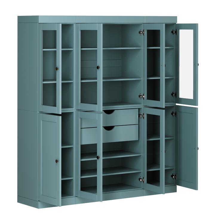 100% Solid Wood 65" China Pantry Cabinet, 6 Glass, 2 Shaker Wood Doors, 2 Drawers