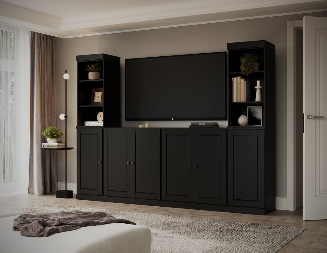 100% Solid Wood 6-Piece Entertainment Center Wall Unit with Storage, Open Cabinets & Raised Panel Doors, Adjustable Shelves, 97" W x 71.5" H