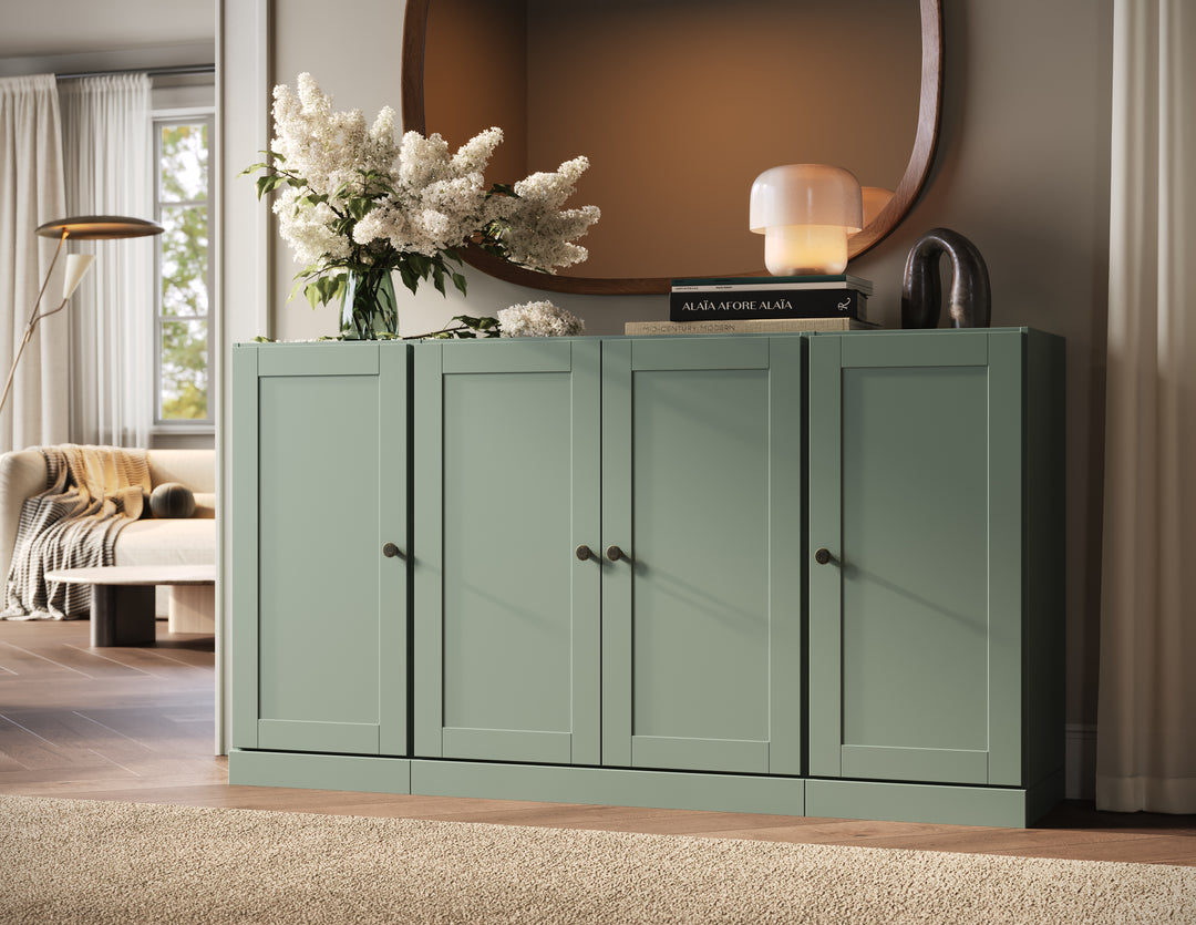 100% Solid Brazilian Pine Wood Sideboard, Shaker Doors, 2 Drawers, Adjustable Shelves, 65" Wide, 35.75" Tall