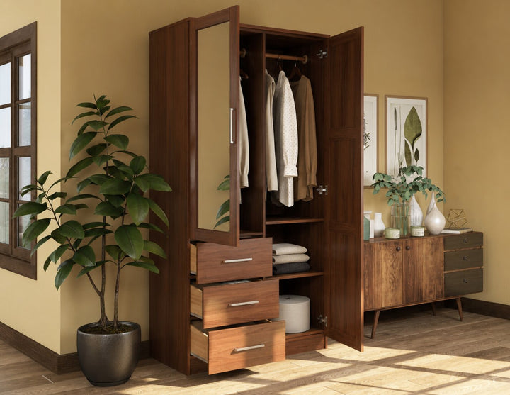 100% Solid Wood 2-Door Wardrobe Armoire with Mirrored Doors, Bedroom Closet Storage - Metro Collection