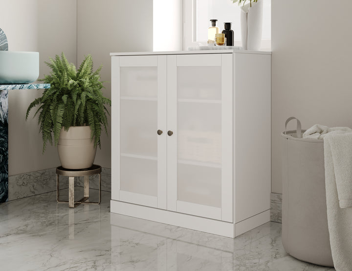 100% Solid Brazilian Pine Wood 32" Bathroom Storage Cabinet with Frosted Glass Doors & Adjustable Shelves