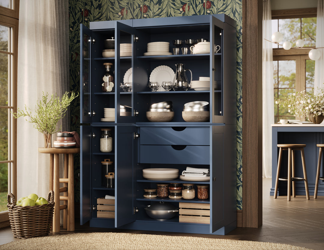 100% Solid Wood 48.5" Pantry China Cabinet, 3 Glass Doors, 3 Shaker Doors, 2-Drawers