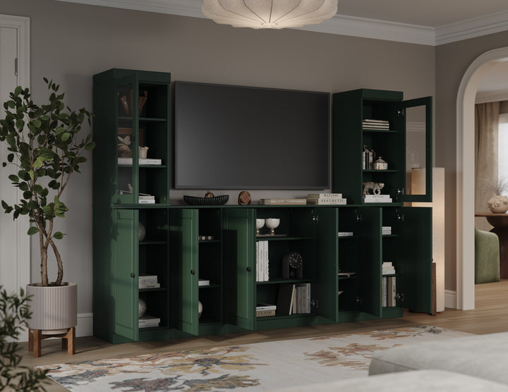 100% Solid Wood 7-Piece Entertainment Center Wall Unit with Storage, Glass & Raised Panel Doors, Adjustable Shelves, 98" W x 71.5" H