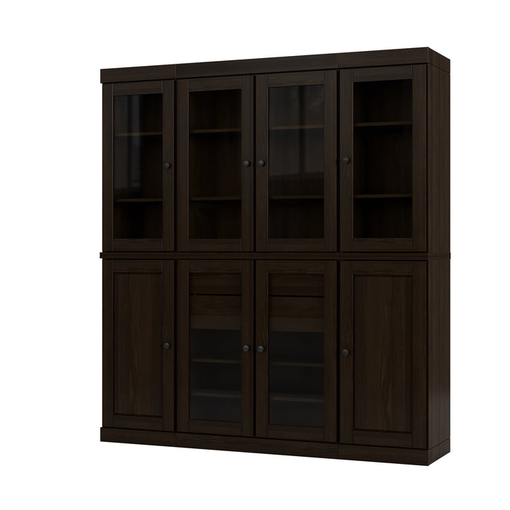 100% Solid Wood Kitchen Pantry Cabinet, Tall Freestanding Modular Storage with Glass Doors & 2 Drawers, Adjustable Shelves, 65" W x 71.5" H