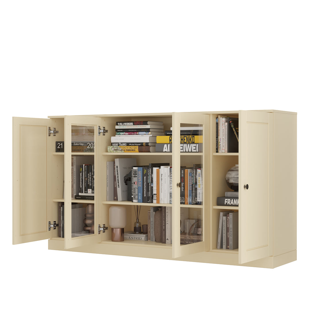 100% Solid Wood TV Stand for TVs up to 65" with Clear Glass, Raised Panel Doors, Adjustable Shelves