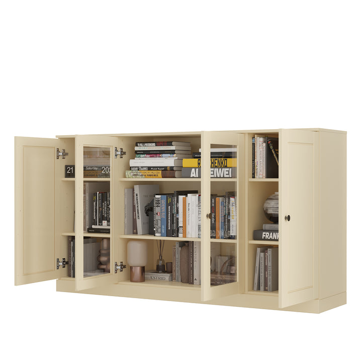 100% Solid Wood TV Stand for TVs up to 65" with Clear Glass, Raised Panel Doors, Adjustable Shelves