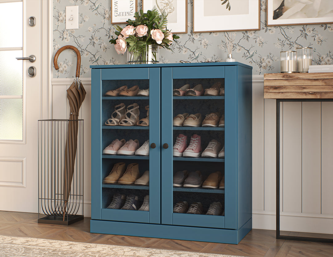 100% Solid Wood Glass Door Shoe Storage Cabinet with Adjustable Shelves, Space Saving Stackable Entryway Organizer, 32" W x 35.75" H