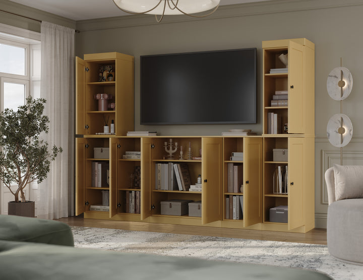 100% Solid Wood 7-Piece Entertainment Center Wall Unit with Storage, Shaker Doors, Adjustable Shelves, 98" W x 71.5" H