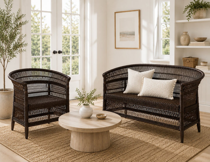 100% Handwoven Natural Rattan 2-Piece Indoor Seating Set with Chair and Loveseat, Solid Wood Frame, Boho Farmhouse, Authentic African Craftsmanship