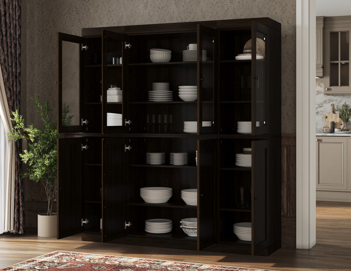 100% Solid Wood Kitchen Pantry Cabinet, Tall Freestanding Modular Storage with Glass & Shaker Doors, Adjustable Shelves, 65" W x 71.5" H