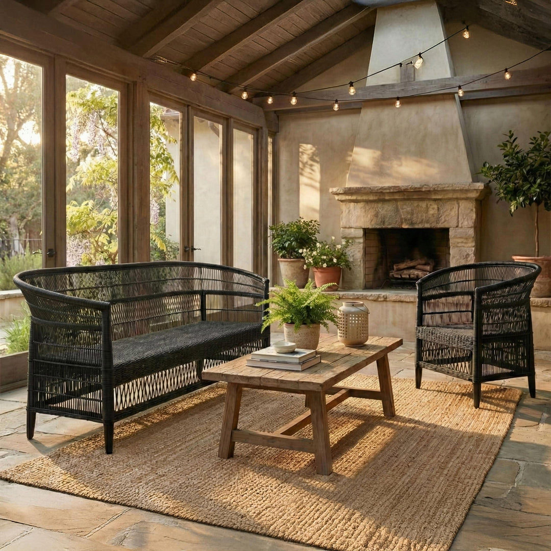 100% Handwoven Natural Rattan 2-Piece Indoor Seating Set with Chair and 3-Seater Settee, Solid Wood Frame, Boho Farmhouse, Authentic African Craftsmanship