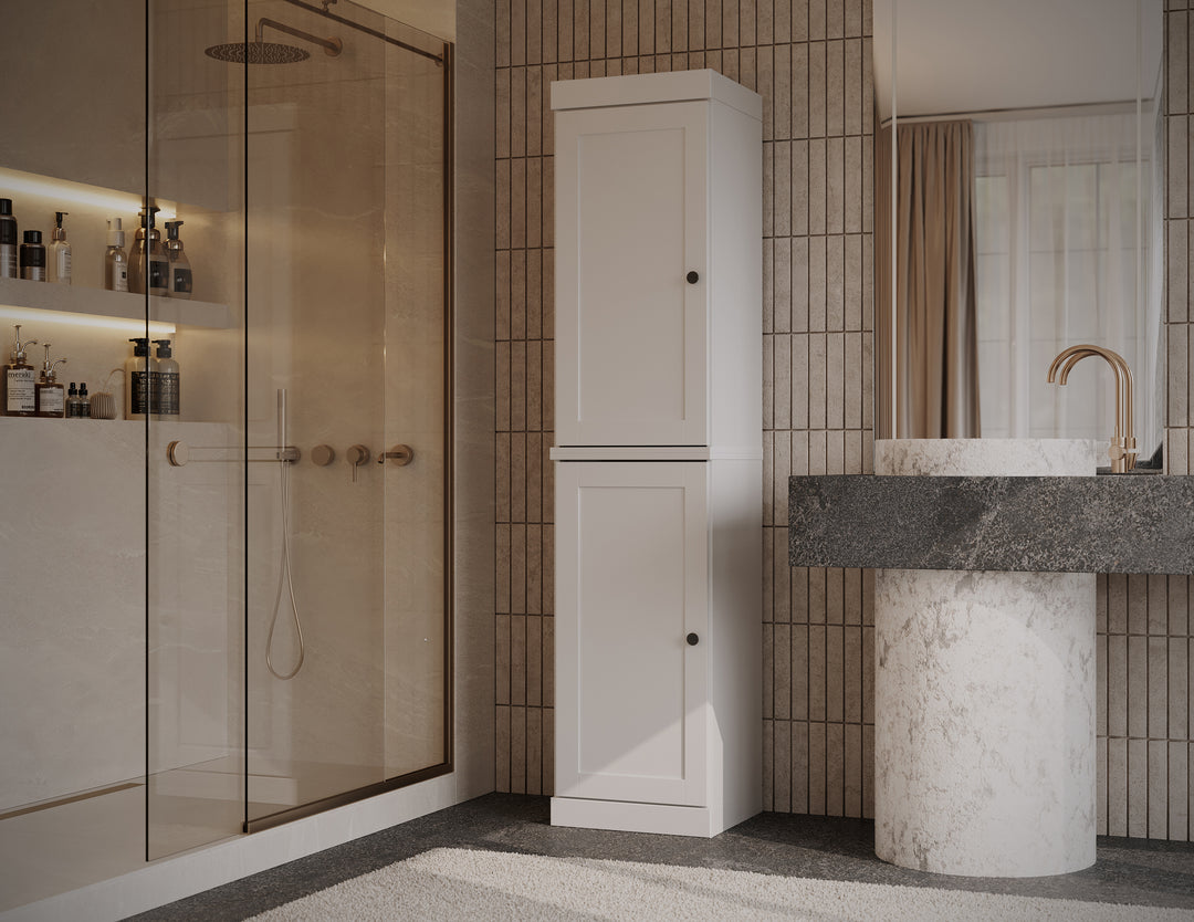 100% Solid Wood Bathroom Storage Cabinet, Shaker Doors, 2 Drawers, Adjustable Shelves, 16.5" Wide, 71.5" Tall