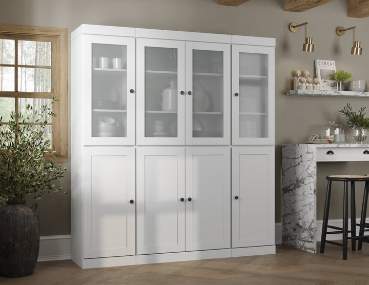 White 100% Solid Wood Kitchen Pantry Cabinet, Tall Freestanding Modular Storage with Frosted Glass & Shaker Doors, Adjustable Shelves, 65" W x 71.5" H