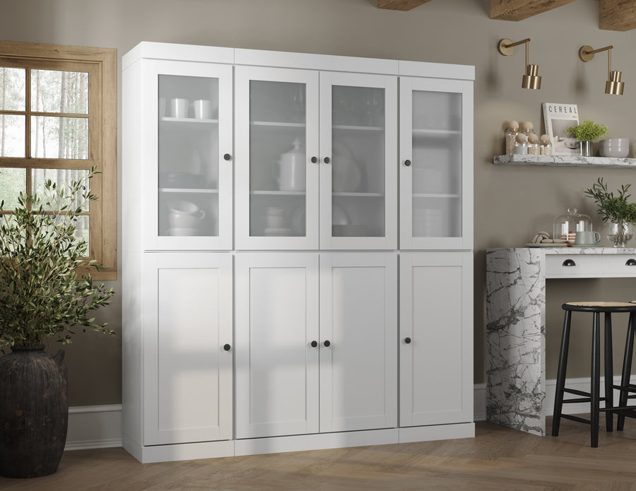 White 100% Solid Wood Kitchen Pantry Cabinet, Tall Freestanding Modular Storage with Frosted Glass & Shaker Doors, Adjustable Shelves, 65" W x 71.5" H