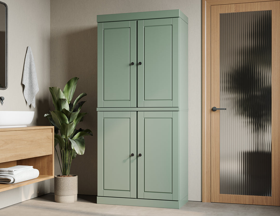 100% Solid Brazilian Pine Wood Bathroom Storage Cabinet, Raised Panel Doors, 2 Drawers, Adjustable Shelves, 32" Wide, 71.5" Tall