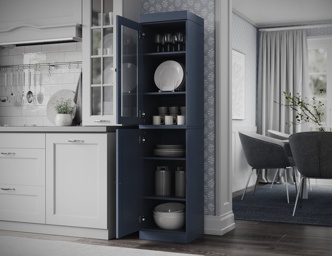 100% Solid Brazilian Pine Wood Pantry Cabinet, Raised Panel & Clear Glass Doors, Adjustable Shelves, 16.5" Wide, 71.5" Tall