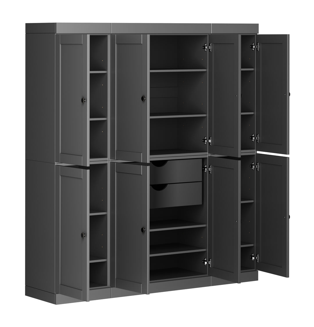 100% Solid Wood 65" Pantry Cabinet, 8 Shaker Wood Doors, 2 Drawers