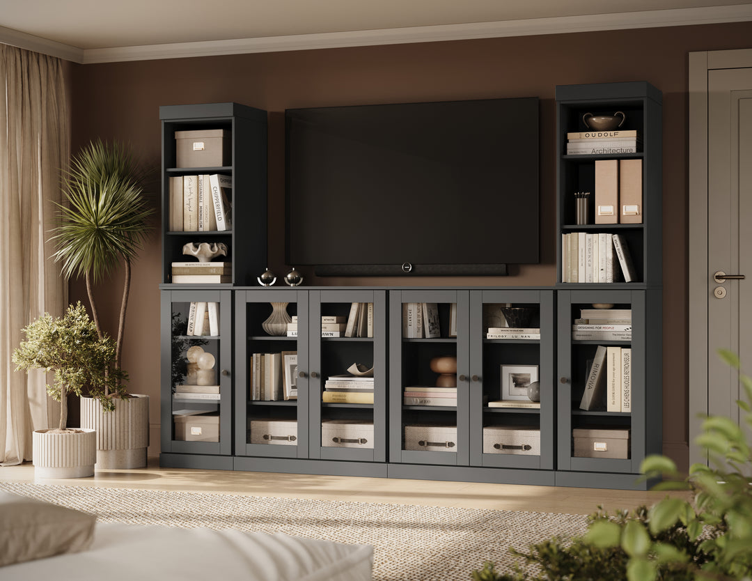 100% Solid Wood 6-Piece Entertainment Center Wall Unit with Storage, Open Cabinets & Glass Doors, Adjustable Shelves, 97" W x 71.5" H