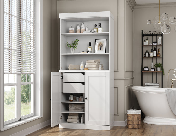 100% Solid Wood 32" Bathroom Cabinet with Shelves, Shaker Wood Doors, 2-Drawers