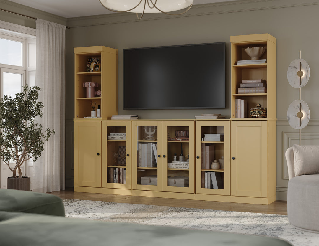 100% Solid Wood 7-Piece Entertainment Center Wall Unit with Storage, Open Cabinets, Shaker & Glass Doors, Adjustable Shelves, 98" W x 71.5" H
