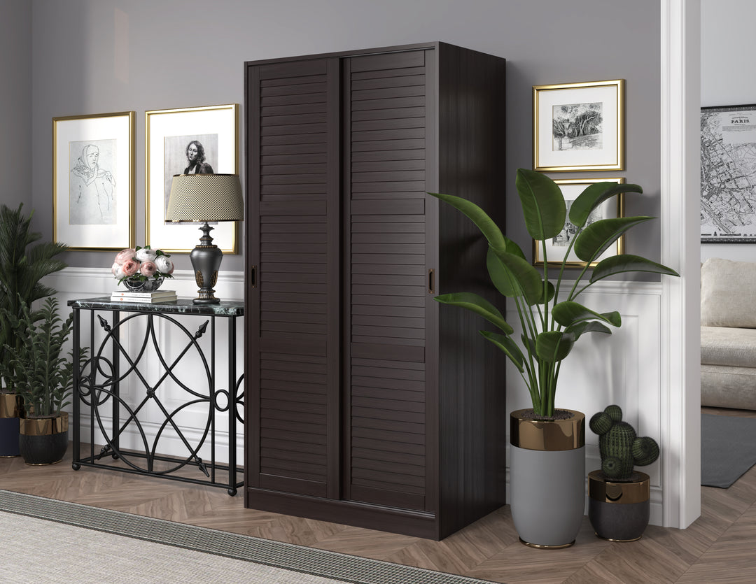 100% Solid Wood 2-Sliding Door Wardrobe Armoire, Louvered Doors, 30-40" Wardrobes - Palace Imports