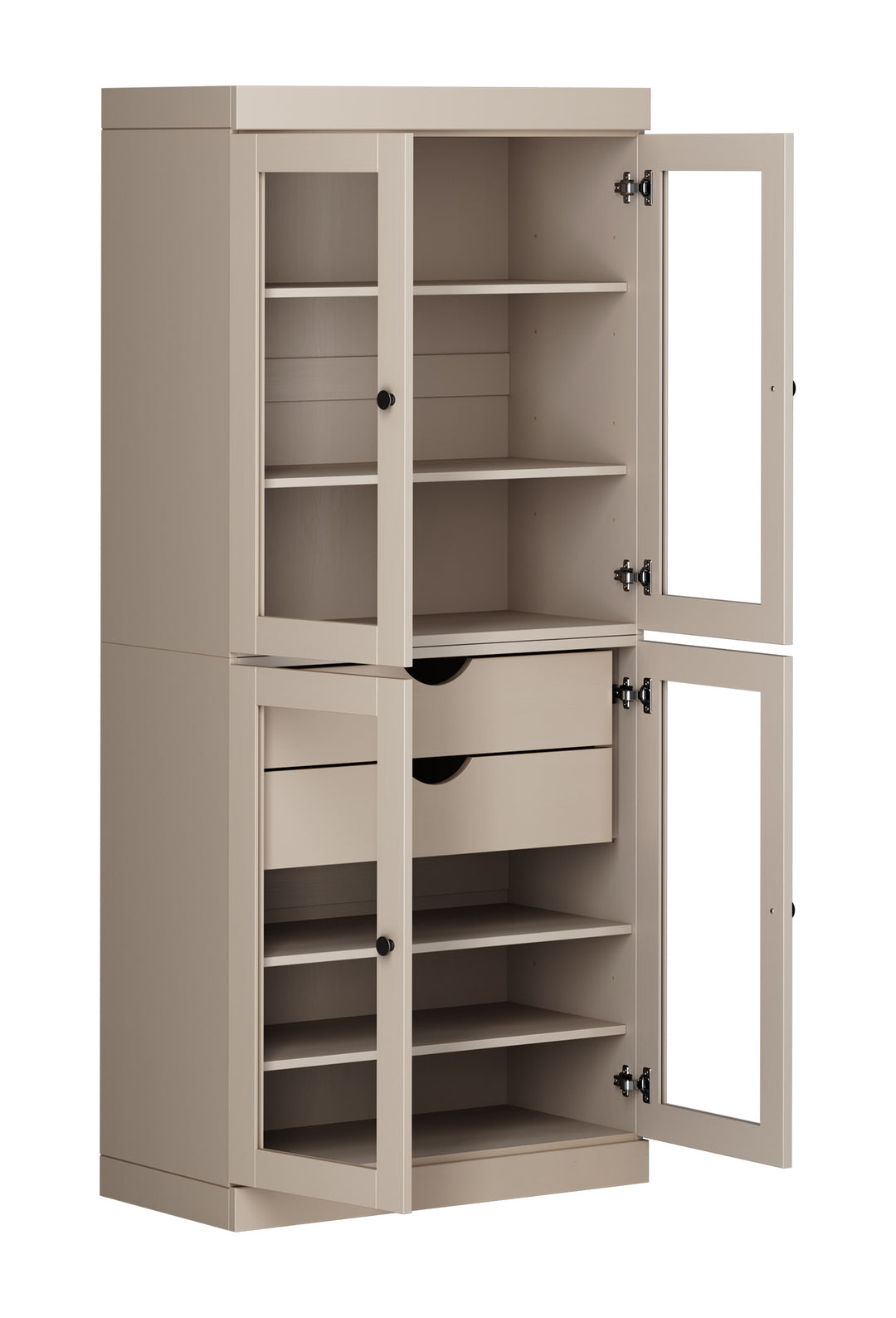 100% Solid Wood 32" Pantry Cabinet, 4 Clear Glass Doors, 2-Drawers Set