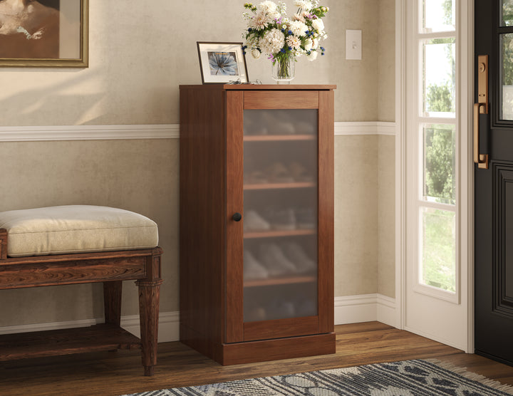 100% Solid Wood Narrow Frosted Glass Door Shoe Storage Cabinet with Adjustable Shelves, Space Saving Stackable Organizer, 16.5" W x 35.75" H