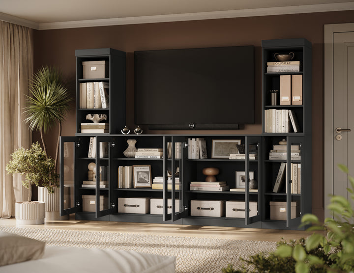 100% Solid Wood 6-Piece Entertainment Center Wall Unit with Storage, Open Cabinets & Glass Doors, Adjustable Shelves, 97" W x 71.5" H