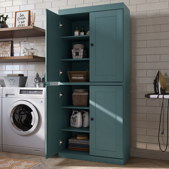 100% Solid Brazilian Pine Wood Bathroom & Laundry Storage Cabinet, Raised Panel Doors, Adjustable Shelves, 32" Wide, 71.5" Tall