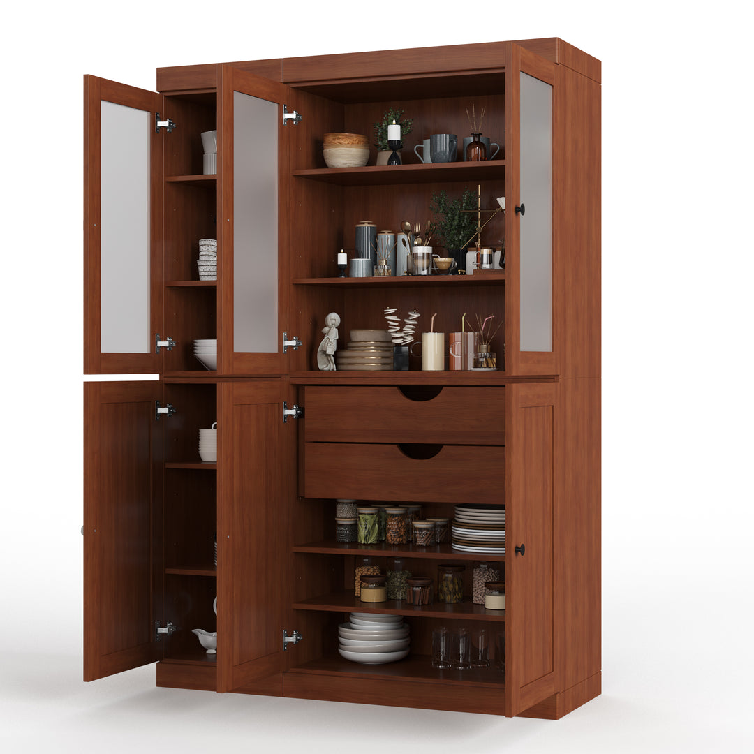 100% Solid Brazilian Pine Wood 48.5" Pantry Cabinet with Frosted Glass, Shaker Doors, 2-Drawers and Adjustable Shelves