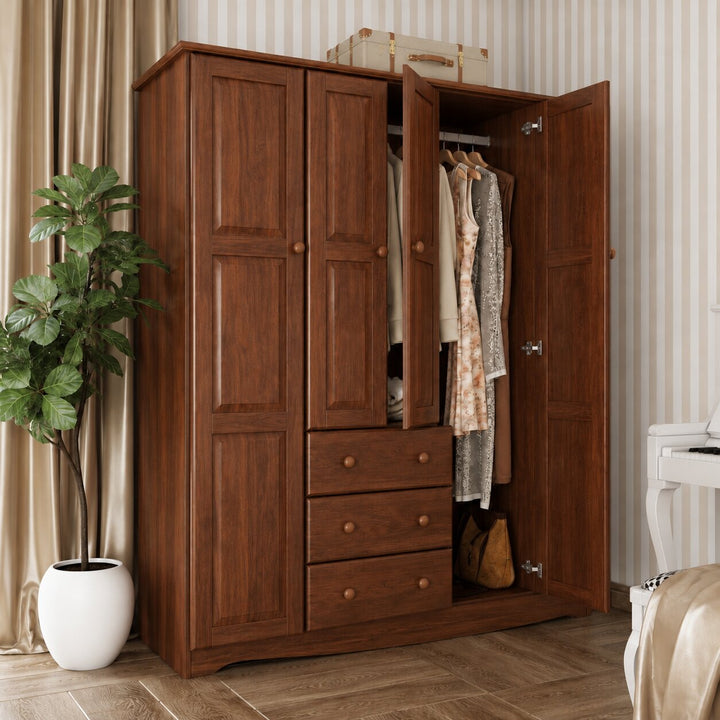 100% Solid Wood 4-Door Wardrobe Armoire, Bedroom Closet Storage - Family Collection