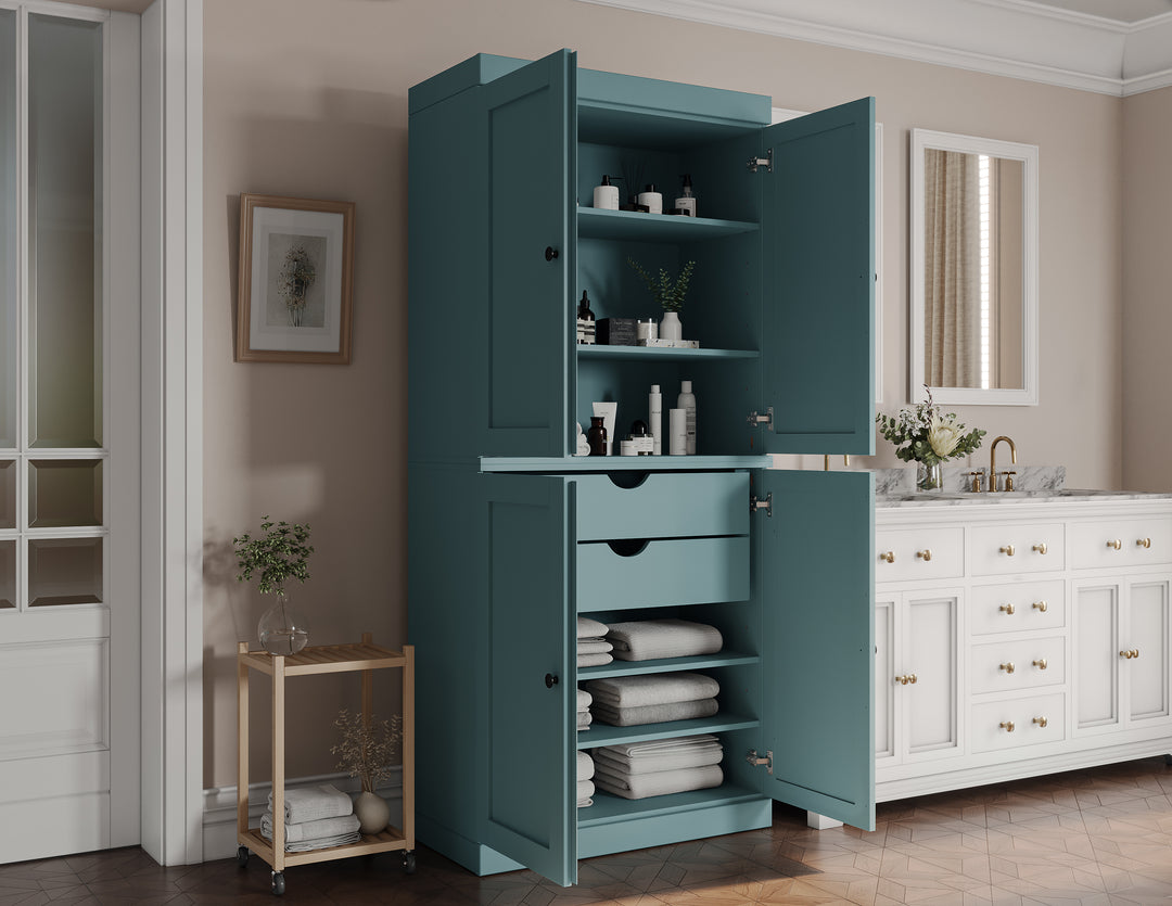 100% Solid Brazilian Pine Wood Bathroom Storage Cabinet, Shaker Doors, 2 Drawers, Adjustable Shelves, 32" Wide, 71.5" Tall