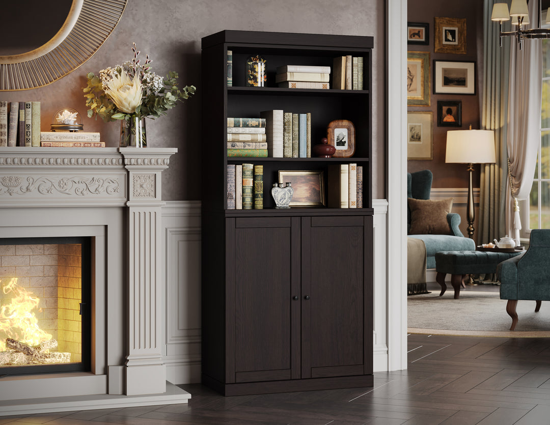 Premium 100% Solid European Oak Hardwood 6-Shelf Modular Bookcase with Bottom Shaker Doors – 32" Wide, 71.5" Tall