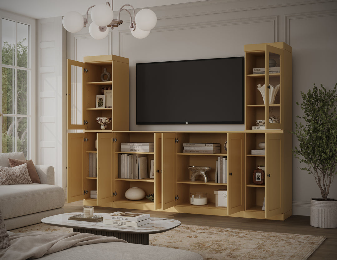 100% Solid Wood 6-Piece Entertainment Center Wall Unit with Storage, Glass & Shaker Doors, Adjustable Shelves, 97" W x 71.5" H