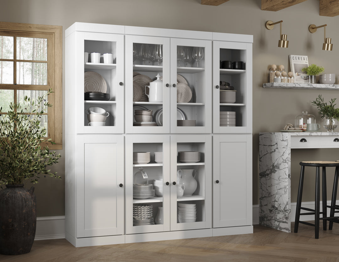 100% Solid Wood 65" China Pantry Cabinet, 6 Clear Glass, 2 Shaker Wood Doors