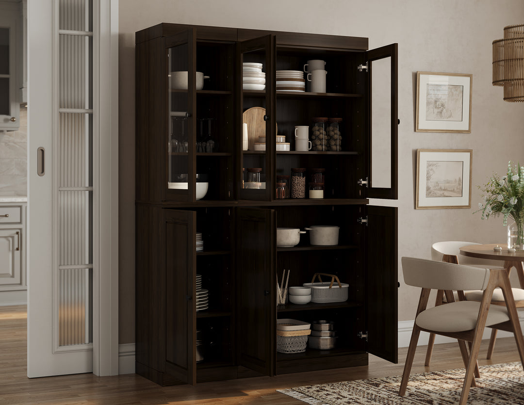 100% Solid Wood Kitchen Pantry China Cabinet, Tall Freestanding Modular Storage with Glass & Raised Panel Doors, Adjustable Shelves, 48.5" W x 71.5" H