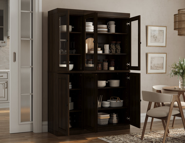 100% Solid Wood Kitchen Pantry China Cabinet, Tall Freestanding Modular Storage with Glass & Raised Panel Doors, Adjustable Shelves, 48.5" W x 71.5" H