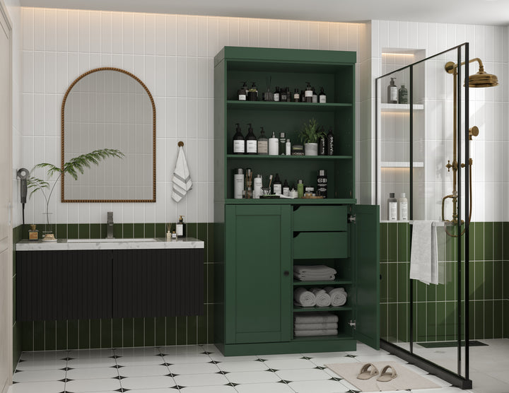 100% Solid Wood 32" Bathroom Cabinet with Shelves, Shaker Wood Doors, 2-Drawers