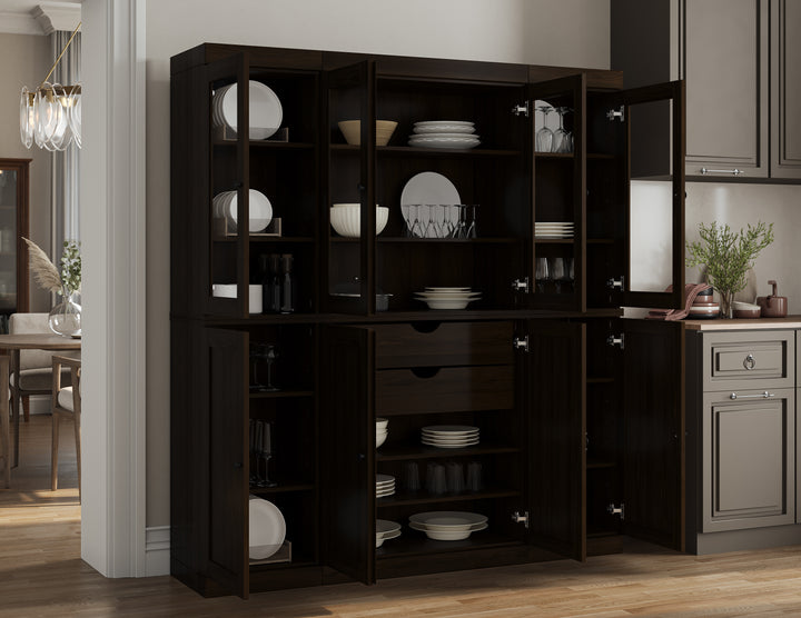 100% Solid Wood Kitchen Pantry Cabinet, Tall Freestanding Modular Storage with Glass & Shaker Doors & 2 Drawers, Adjustable Shelves, 65" W x 71.5" H