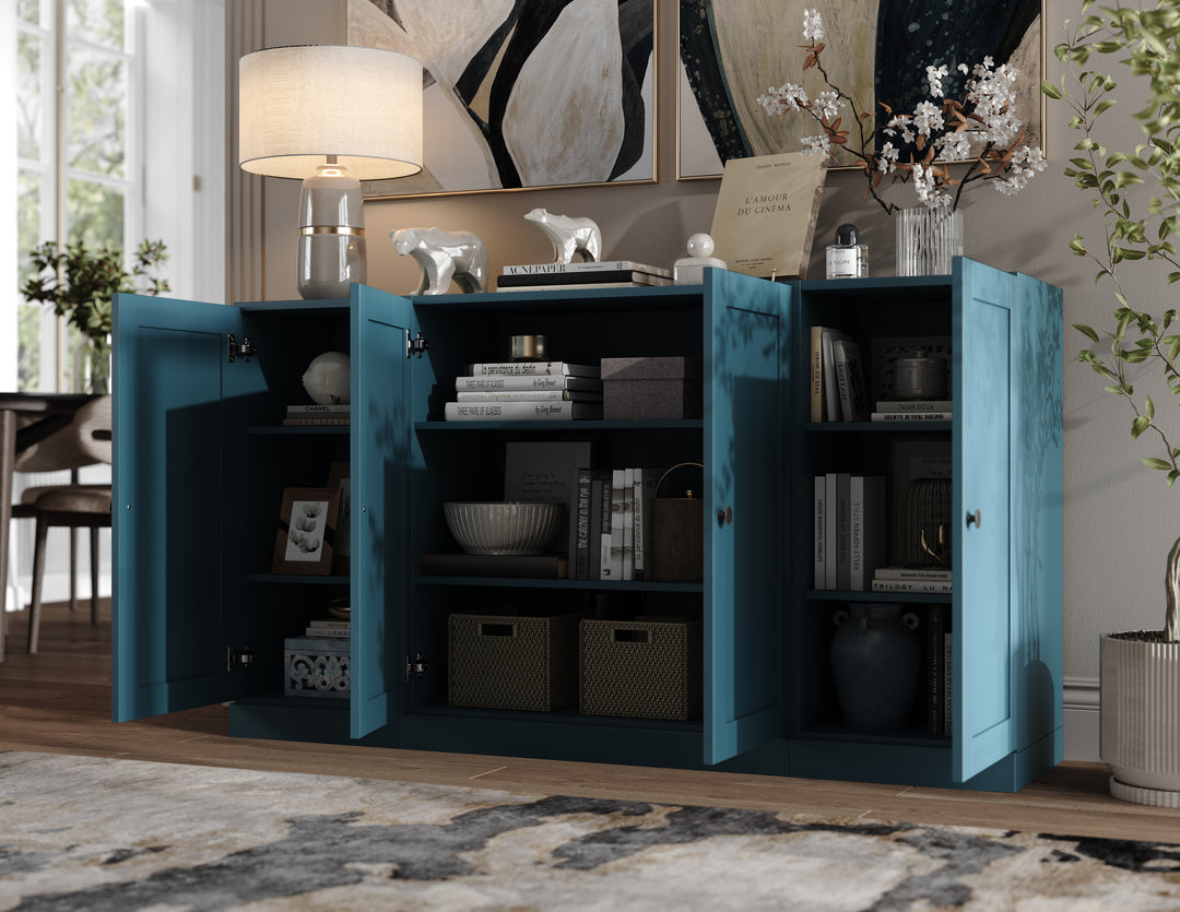 100% Solid Brazilian Pine Wood Sideboard, Shaker Doors, Adjustable Shelves, 65" Wide, 35.75" Tall