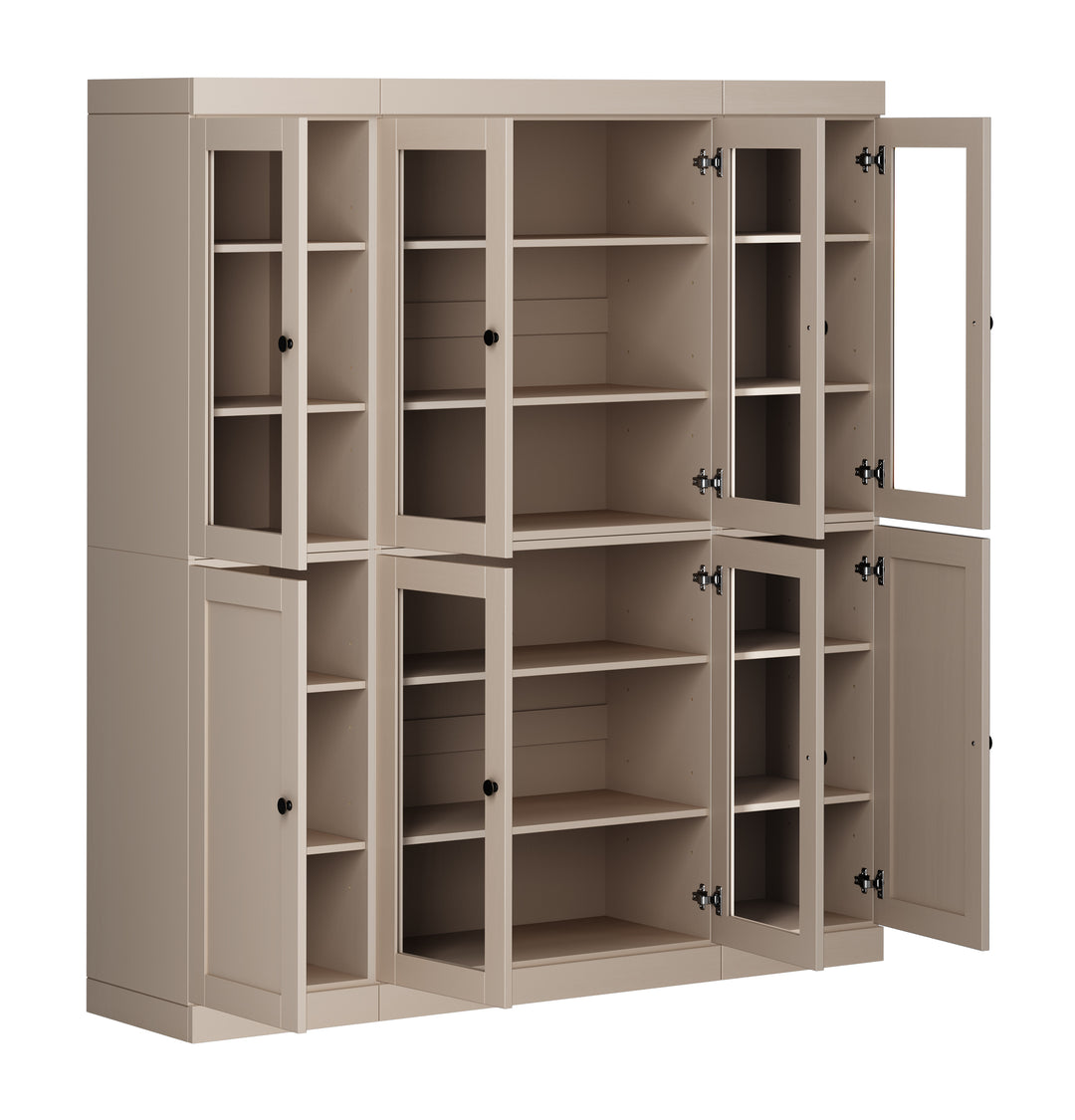 100% Solid Wood 65" China Pantry Cabinet, 6 Clear Glass, 2 Shaker Wood Doors